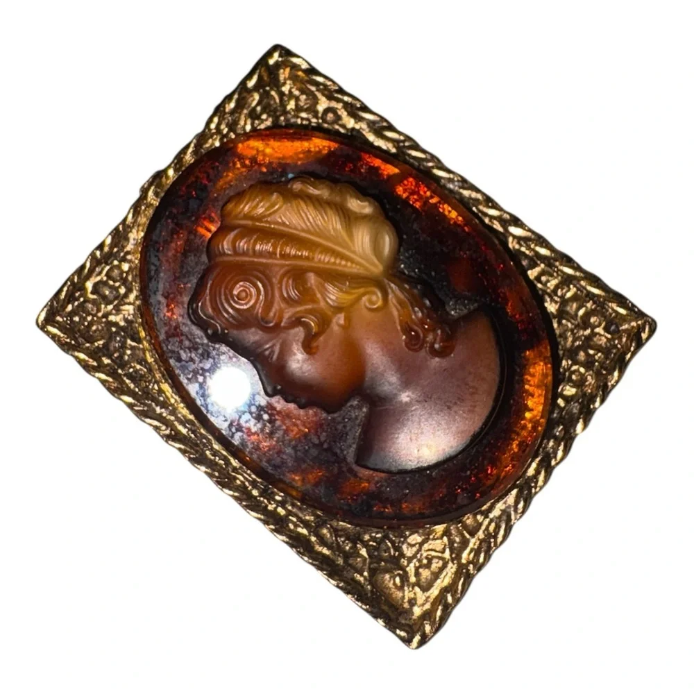 Vintage Cameo Style Portrait Brooch Gold Tone Amber Resin Frame J40
